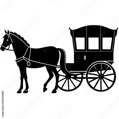 Black silhouette of a horse pulling a vintage carriage on a white background
