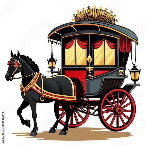 Elegant black horse pulling a luxurious vintage carriage with red curtains and gold accents