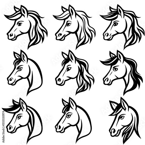 Collection of nine stylized black and white horse head illustrations in profile