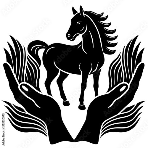 Stylized black horse silhouette held gently within open hands and grass