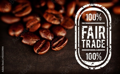 Roasted coffee beans piling on dark brown surface in 3D render, highlighting 100% fair-trade stamp