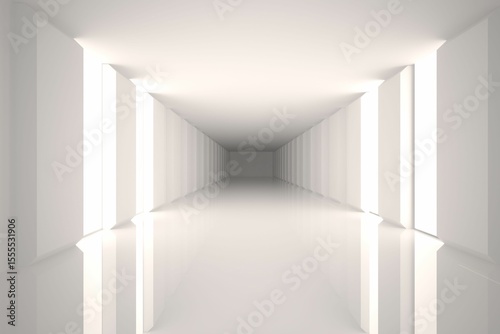 Fototapeta Naklejka Na Ścianę i Meble -  Rendering long minimalist corridor in 3D design, highlighting glossy floor and illuminated pillars