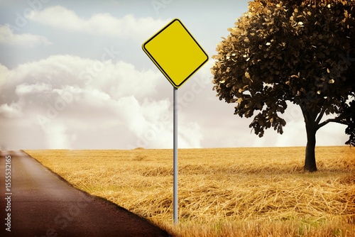 Blank yellow diamond traffic sign is standing beside road with wheat field and tree, flat design
