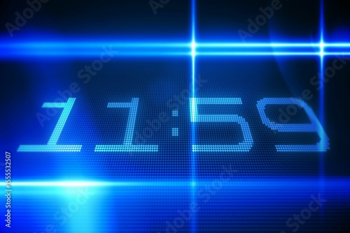 flat vector glowing blue LED grid displaying 11:59 with crossing light streaks creating lens flares