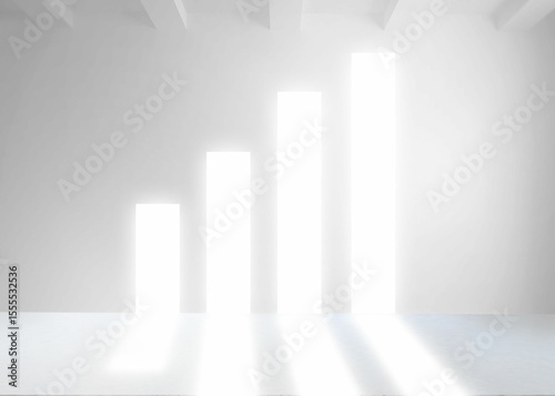 Flat design gallery interior is showcasing four rising light columns and exposed ceiling beams