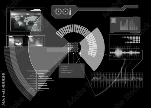 Obraz na płótnie Segmented radial gauge chart is overlaying dark digital interface showing world map and code panel
