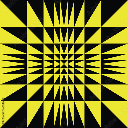 Geometric black and yellow pattern, op art graphics, illusion style, plane and membrane perspective. Cover square design. Contrast triangular texture. Vector psychedelic background