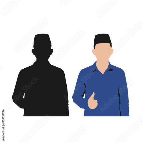 silhouette and flat vector of muslim asian man with thumbs up because something good has happened