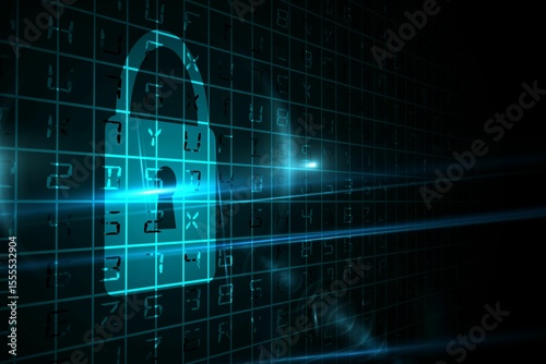 Flat design padlock icon is glowing over code grid while light streaks are indicating encryption