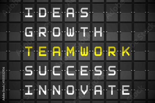 Teamwork buzzwords on black mechanical board