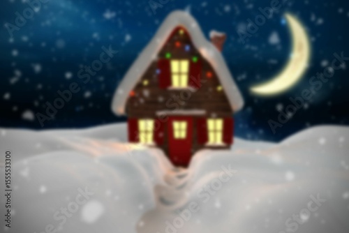 Flat design wooden cabin is glowing under snowfall, with snowy roof, colored lights, crescent moon