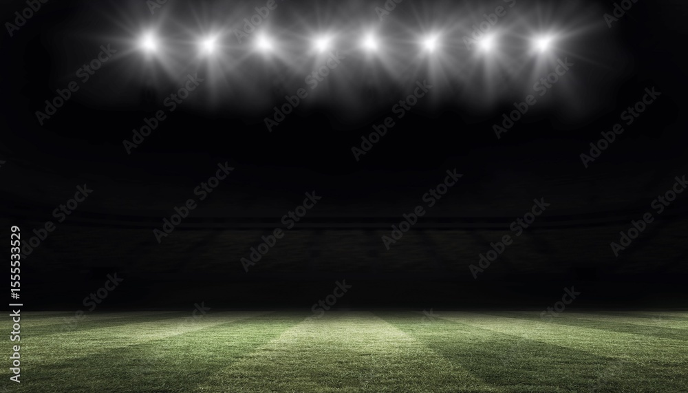 Fototapeta premium Flat design illustration showing illuminated grass football pitch under bright floodlights at night
