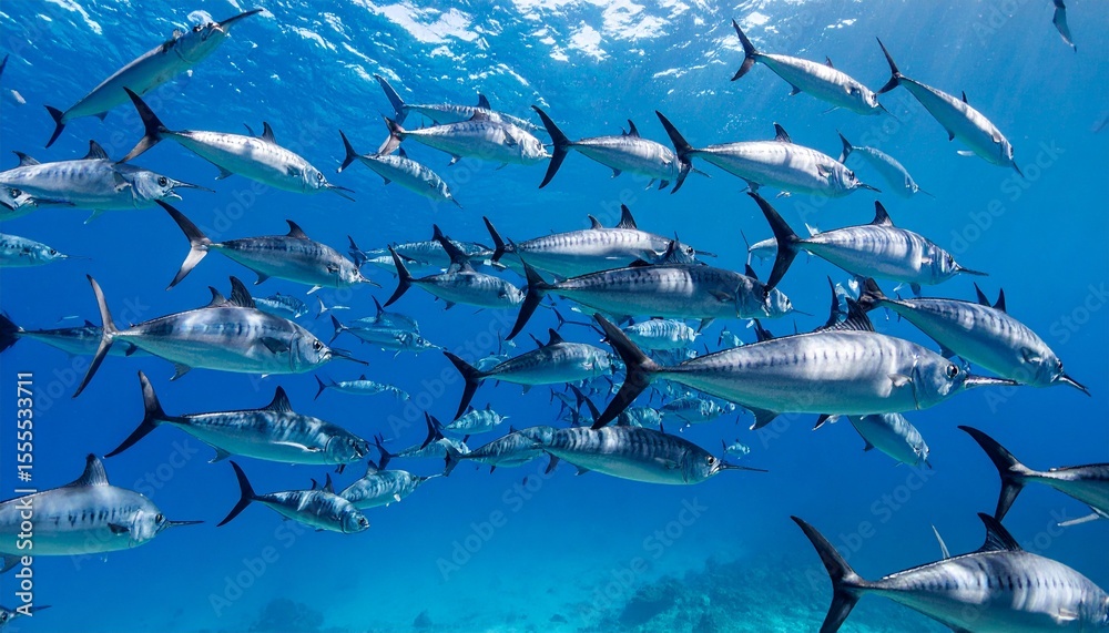 Obraz premium Swordfish ( Xiphias gladius, or broadbills ) schooling together as an underwater background tile for use as a repeating art pattern design.