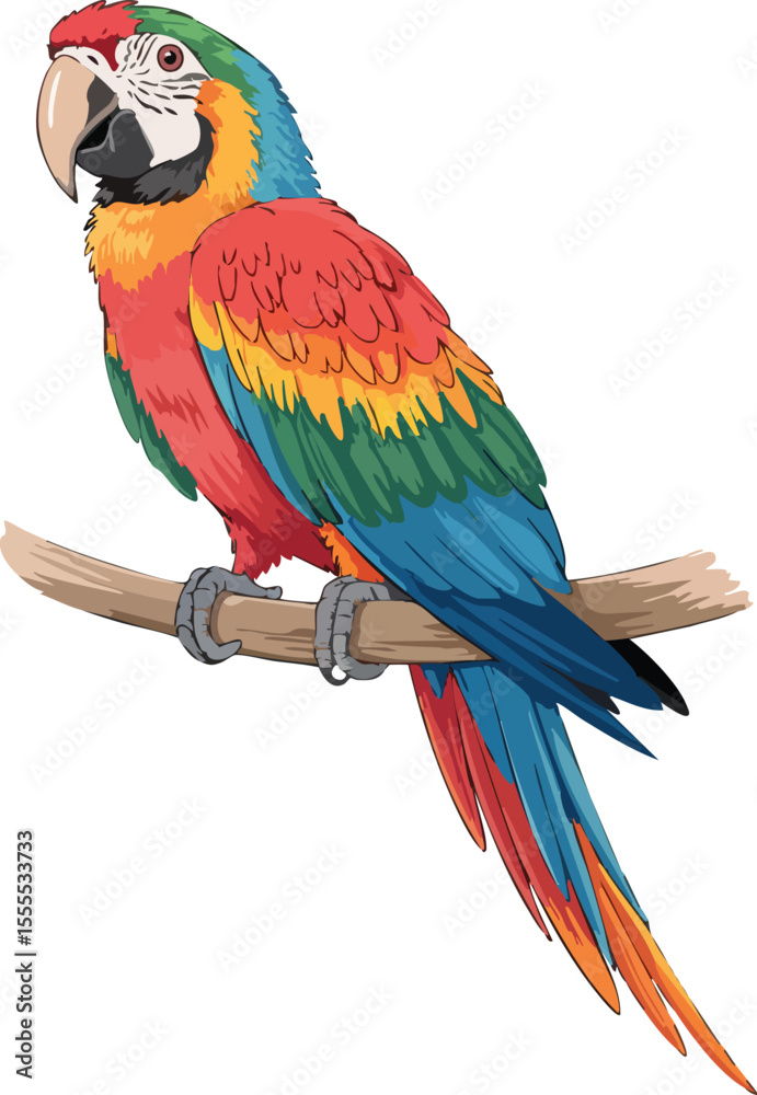 Fototapeta premium Cartoon Parrot on Branch - Colorful Bird Illustration