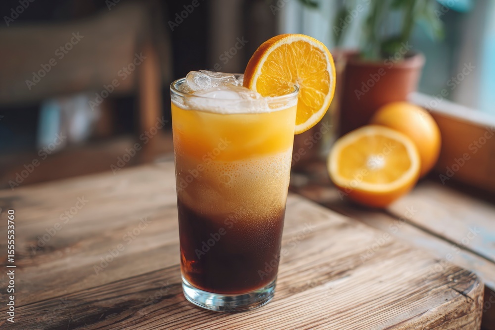 Fototapeta premium Iced orange coffee stands on a weathered wood surface garnished with an orange slice