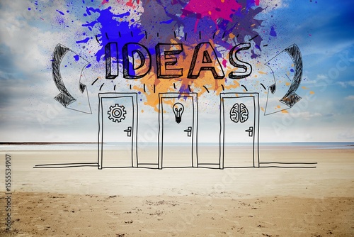 Doodle doors are lining shoreline with gear lightbulb brain icons and splashy IDEAS lettering