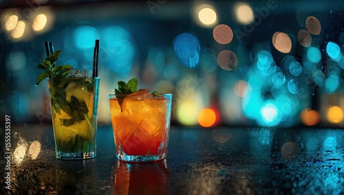 Two colorful cocktails on a wet bar