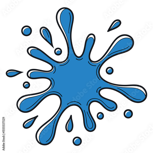 The blue cartoon splash spreads with multiple drops and curved edges with transparent background