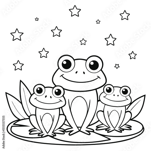 Three happy cartoon frogs sit together upon a lily pad beneath shining stars