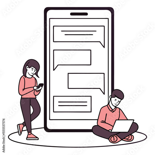 Two young adults interact with a large smartphone showing message bubbles on screen