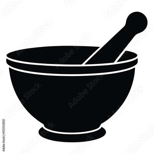 Black silhouette shows a mortar with pestle resting inside and transparent background