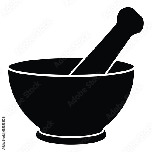 Black silhouette shows mortar with pestle inside against a transparent background creating simplicity