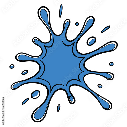 Blue paint blot is spread with smaller droplets around on transparent background