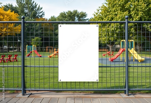 Blank Large poster mockup hanging on metal fence, playground park background. Empty advertising space. Billboard, signboard, advertisement, display for outdoor events, Mockup template with area, 