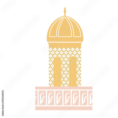 A beautiful dome illustration with intricate geometric patterns, highlighting traditional Islamic architecture in golden tones with cultural significance.