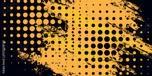 Black and yellow abstract background with brush stroke and halftone style. abstract grunge