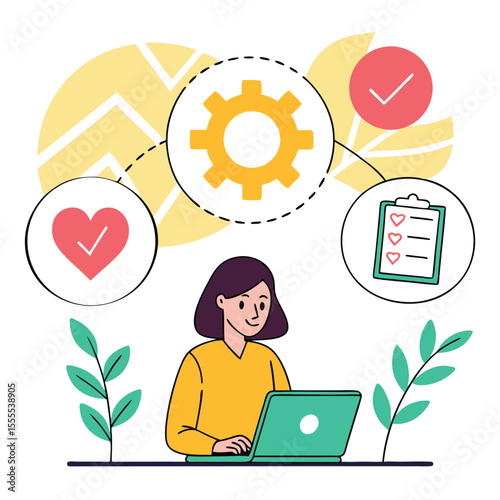 Cartoon woman uses laptop while conceptual icons float, isolated on white backdrop