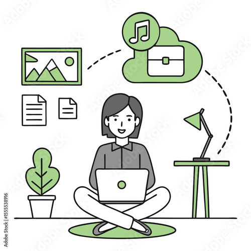 Caucasian woman sits cross legged using a laptop with cloud storage, transparent background
