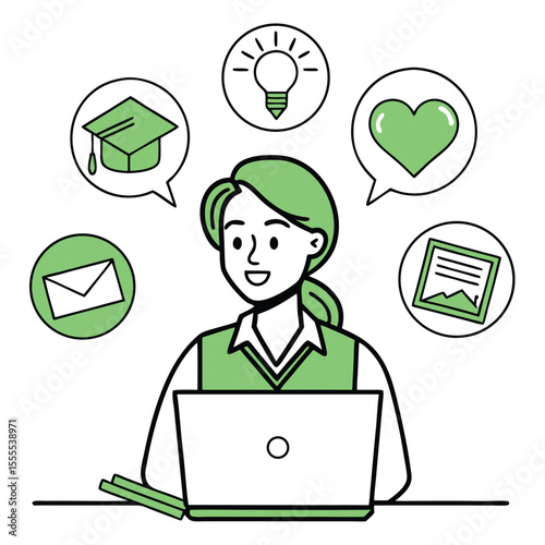 Caucasian woman utilizes laptop, contemplating education, ideas, love, communication, and career opportunities