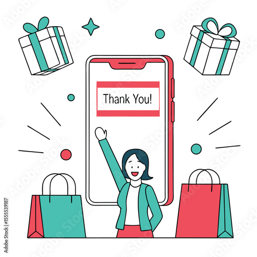 Happy woman stands near a smartphone displaying Thank You message surrounded by gifts and shopping bags