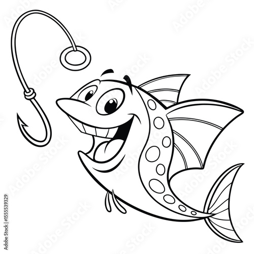 Outlined cartoon fish cheerfully eyeing a dangling fishing hook with transparent background