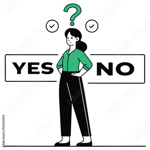 Pensive woman contemplates between 'yes' and 'no' with question mark above her head, transparent