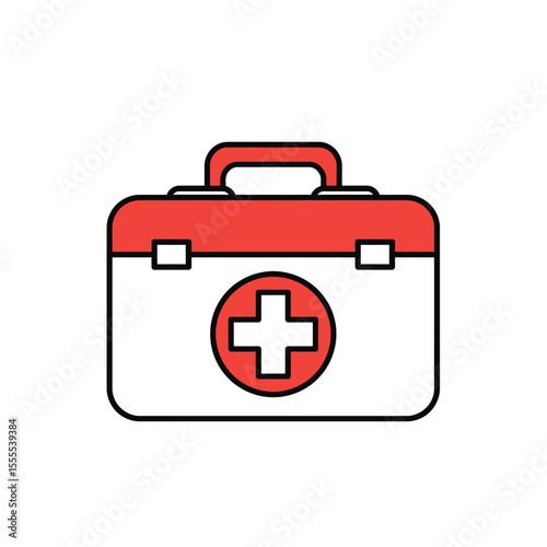 Flat vector illustration of a red first aid medical kit bag with white cross