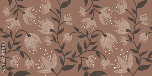 Seamless Floral Pattern Vector. Hand Drawn Beige Flowers on Brown Background for Vintage Fabric or Wallpaper Design