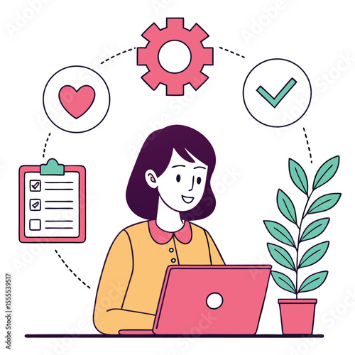 Smiling brunette woman works on a laptop near checklist and plant is on transparent background