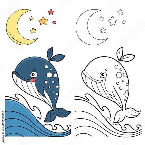 Smiling cartoon whale with moon and stars jumps out of ocean waves template