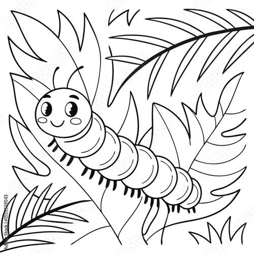 Smiling caterpillar crawls happily among tropical leaves in this simple black and white picture