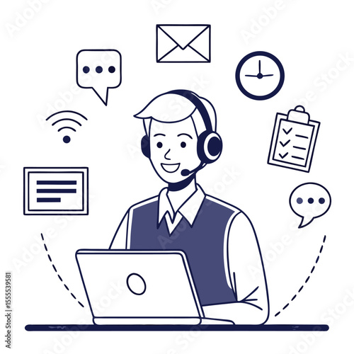 Smiling support agent with headset works on laptop surrounded by service icons