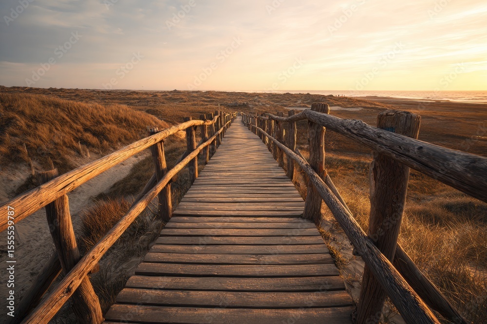 Fototapeta premium Wooden walkway leading to sunset over dunes