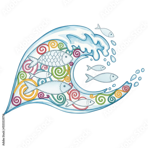 Ocean Wave and Fish Illustration: A captivating illustration of an ocean wave, adorned with colorful swirls and gracefully swimming fish.