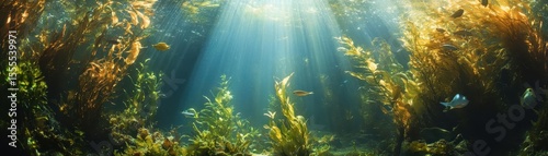 Atlantic cod habitat surrounded by kelp forests, underwater view with glowing sunlight streaks