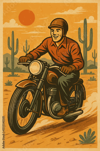 man on motorcycle retro passing through cactus desert