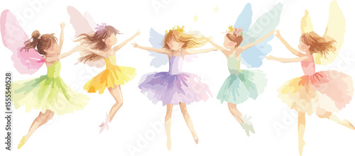 Watercolor Illustration of Five Dancing Fairies with Wings in Pastel Colors