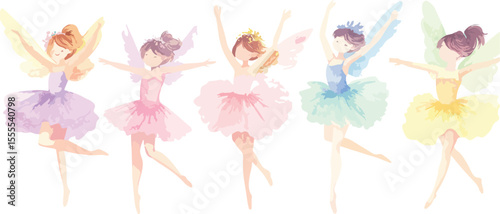 Watercolor Fairies Dancing in Pastel Tutus with Wings in a Row