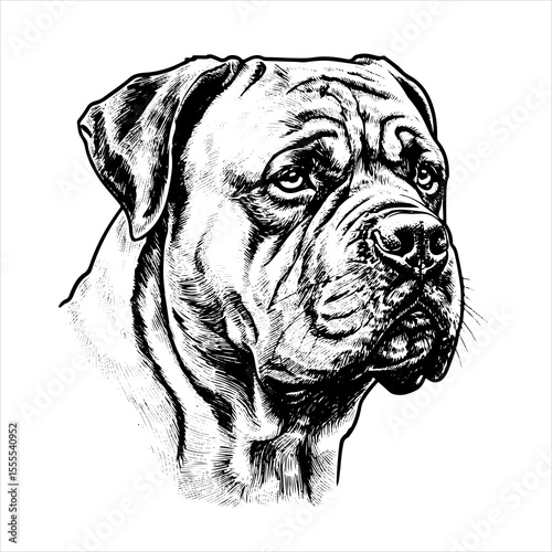 head Bullmastiff dog pet portrait engraving intricate retro hand drawn style line art black and white vector illustration