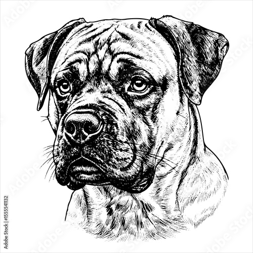 head Bullmastiff dog pet portrait engraving intricate retro hand drawn style line art black and white vector illustration